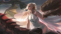 Daenerys Targaryen avec des dragons dans un paysage fantastique.