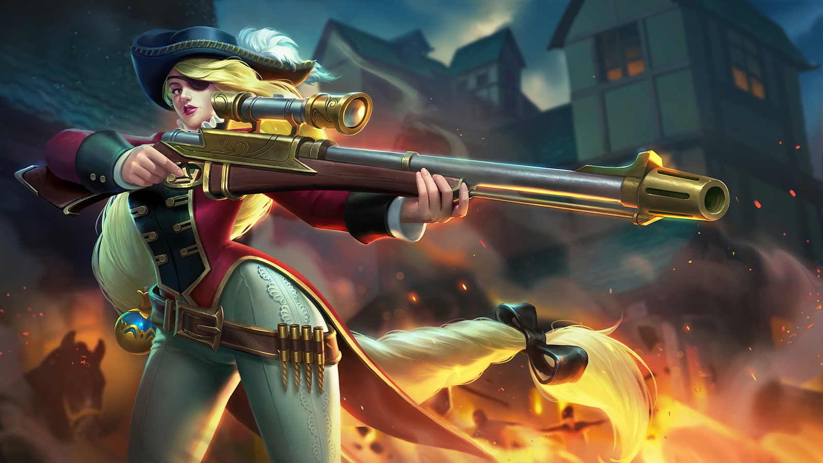 Une femme en costume tenant un fusil et une citrouille (lesley, royal muskeeter, peau, mobile legends, bang bang)