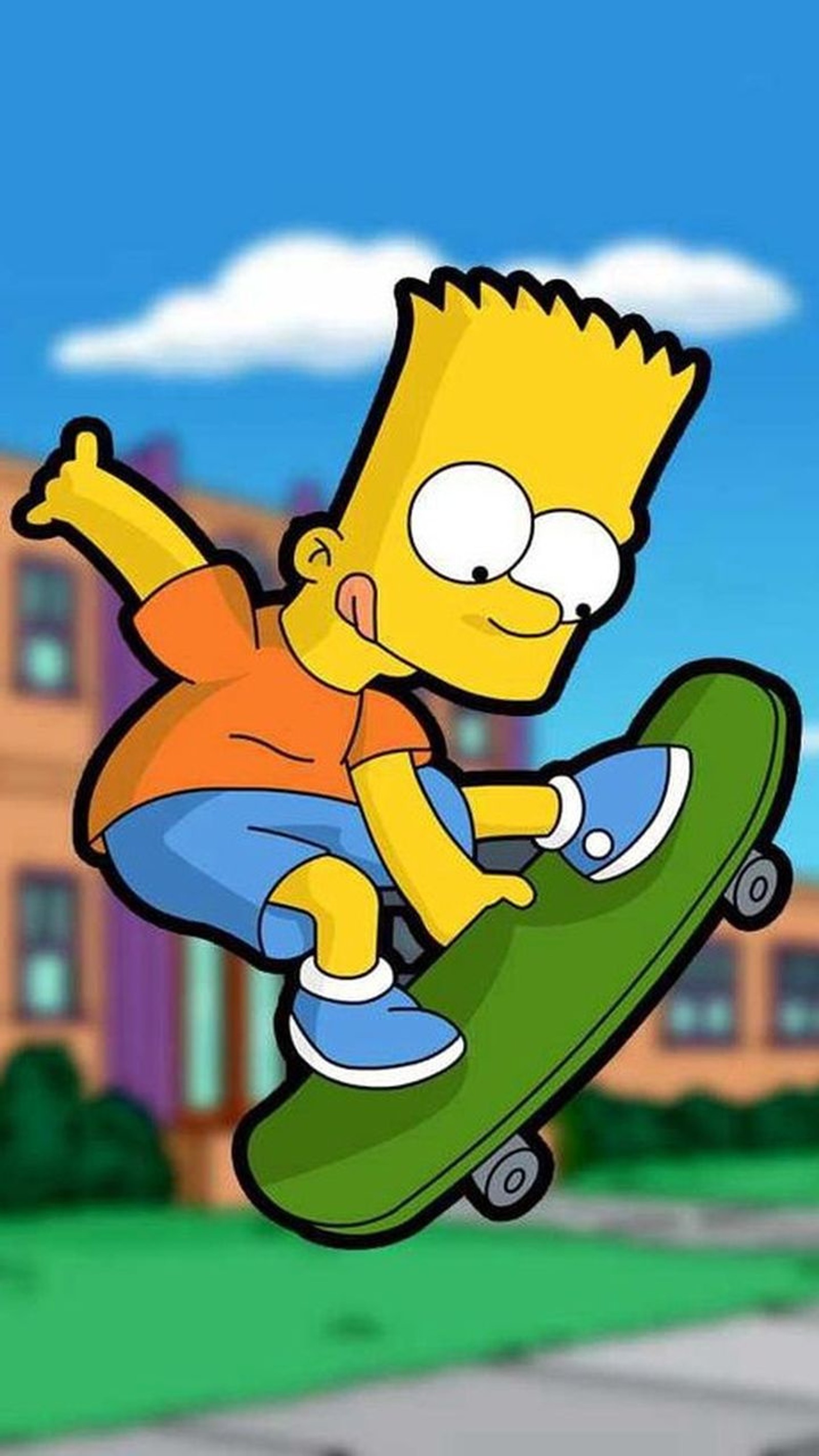 Un primer plano de un personaje de dibujos animados en una patineta en el aire (bart simpson, dibujos animados, patinar, patineta, los simpson)