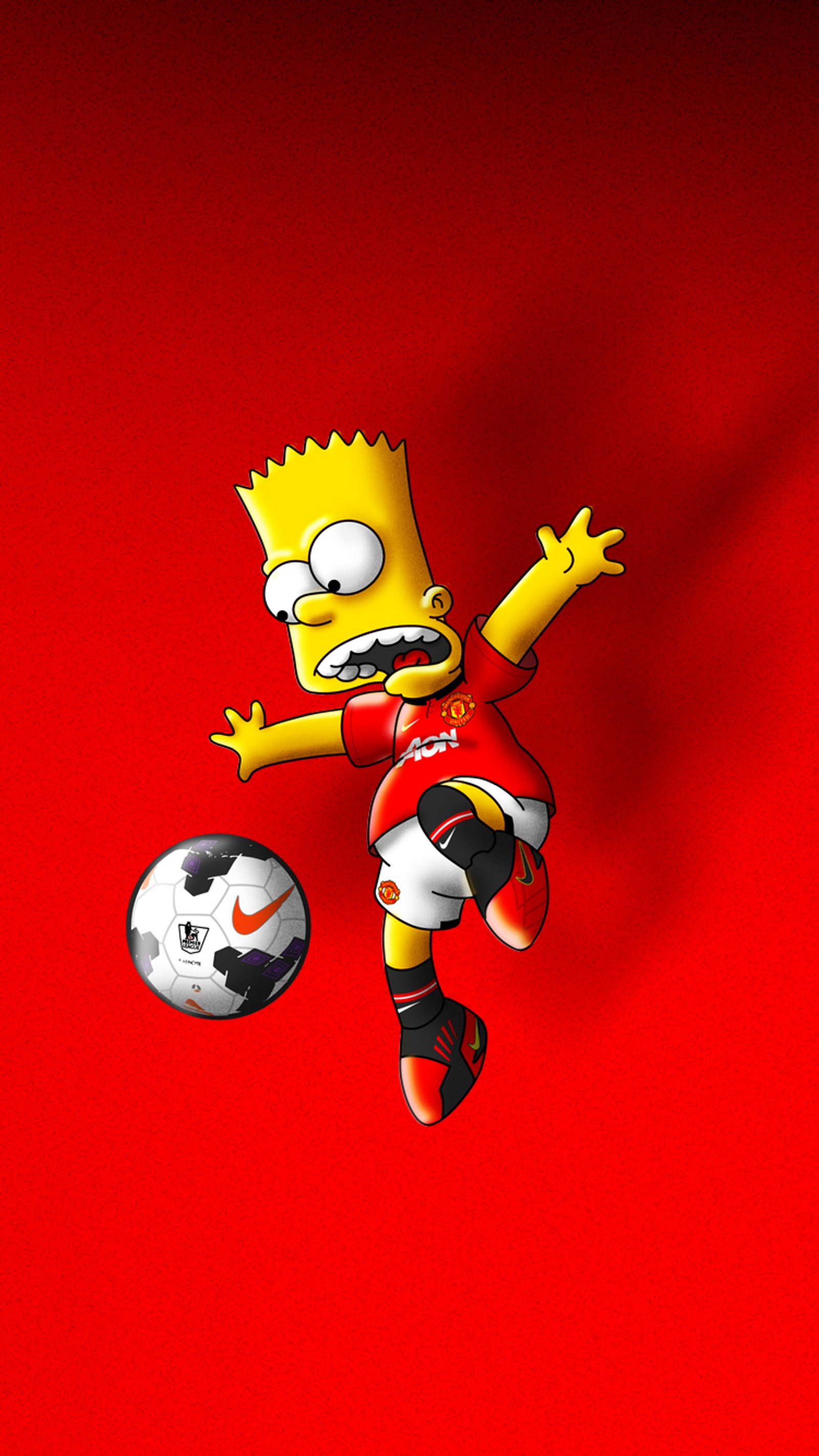 Los simpsons jugando con un balón de fútbol sobre un fondo rojo (manchester, manu, simpsons, fútbol, deporte)