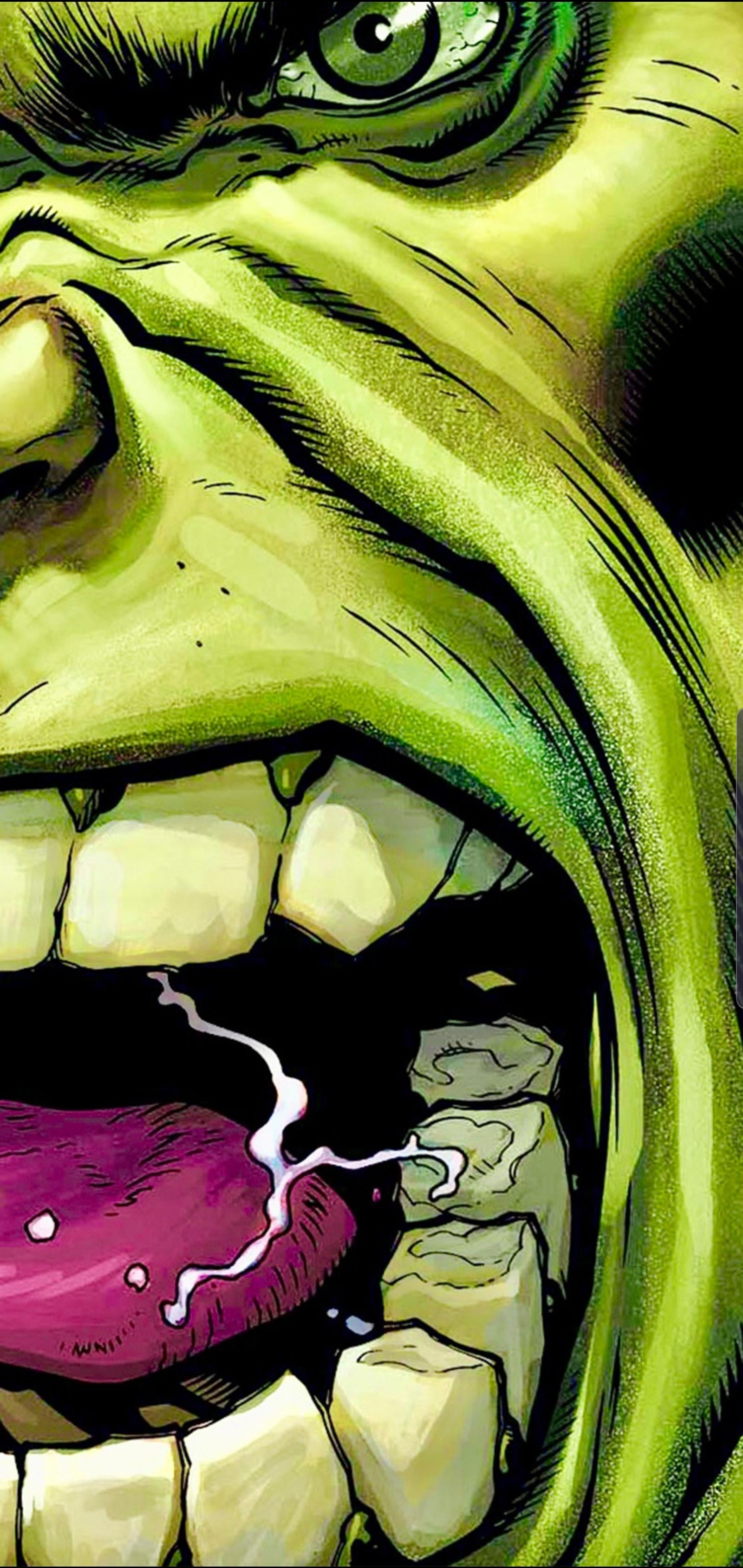 Visage de hulk avec des yeux verts et une langue rose (bande dessinée, vert, hulk, marvel, crânes)