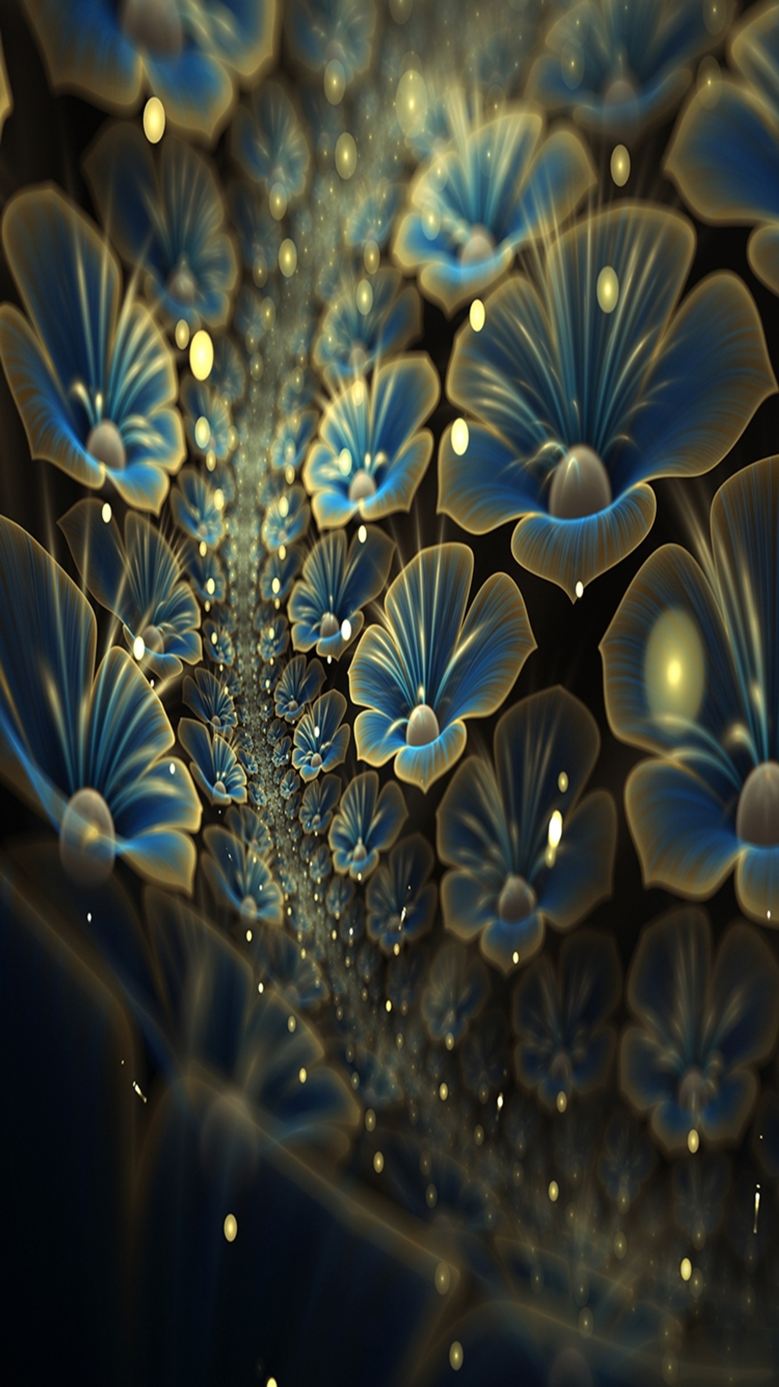 There is a picture of a blue flower with water droplets (3d, abstract, flower, fractal, plant)