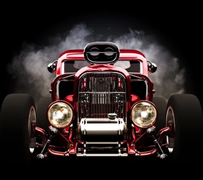 Hot rod rouge classique avec deux superchargeurs et un fond enfumé