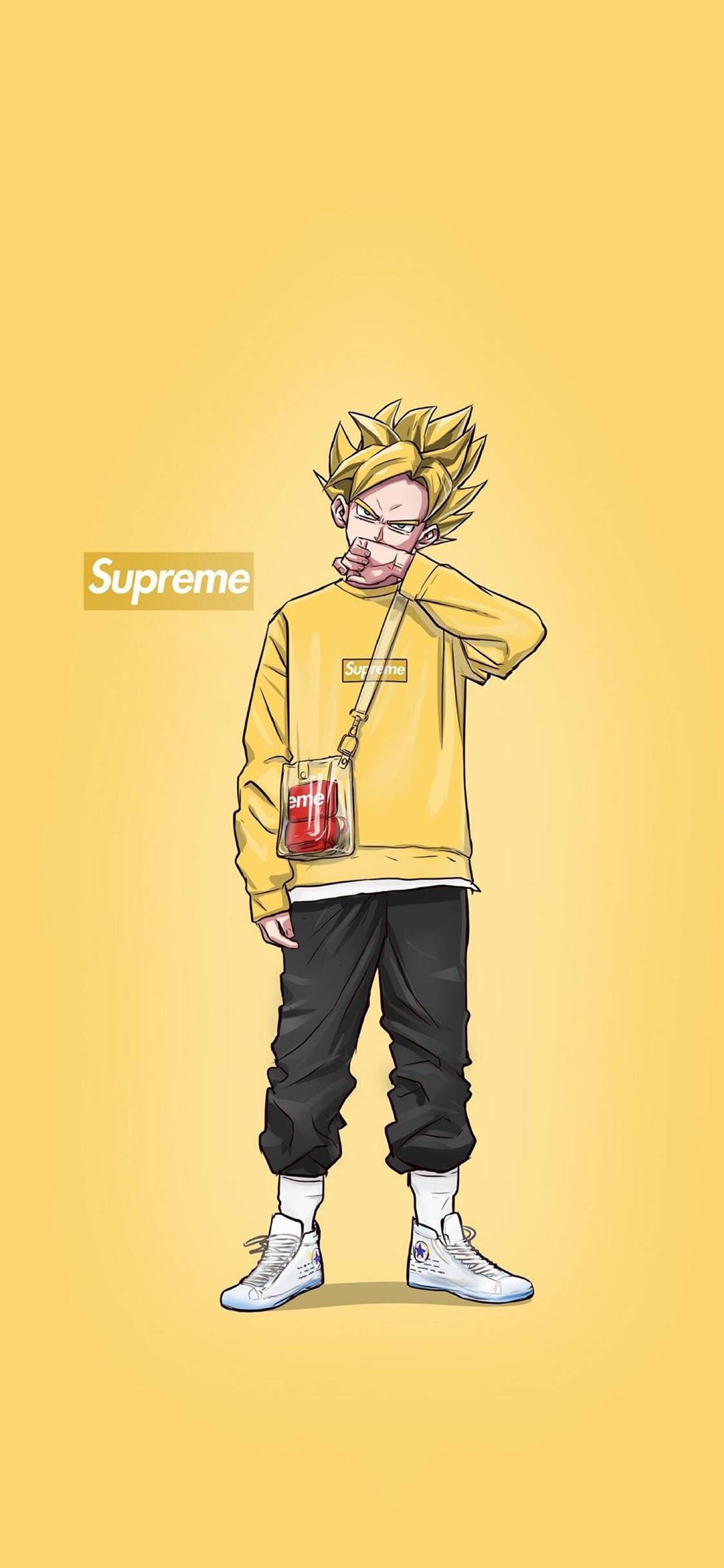 Un dessin animé d'un homme avec une boisson à la main (anime, goku, hip hop, rap, supreme)