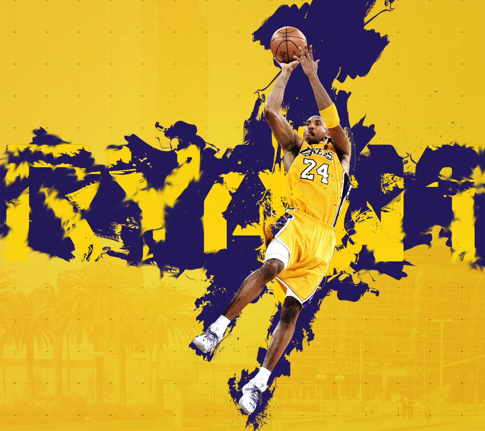 Arafed image of a basketball player in a yellow uniform jumping up to dunk a basketball (kobe bryan, lakers, nba)