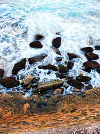 Rugged Shoreline with Waves Crashing on Rocks