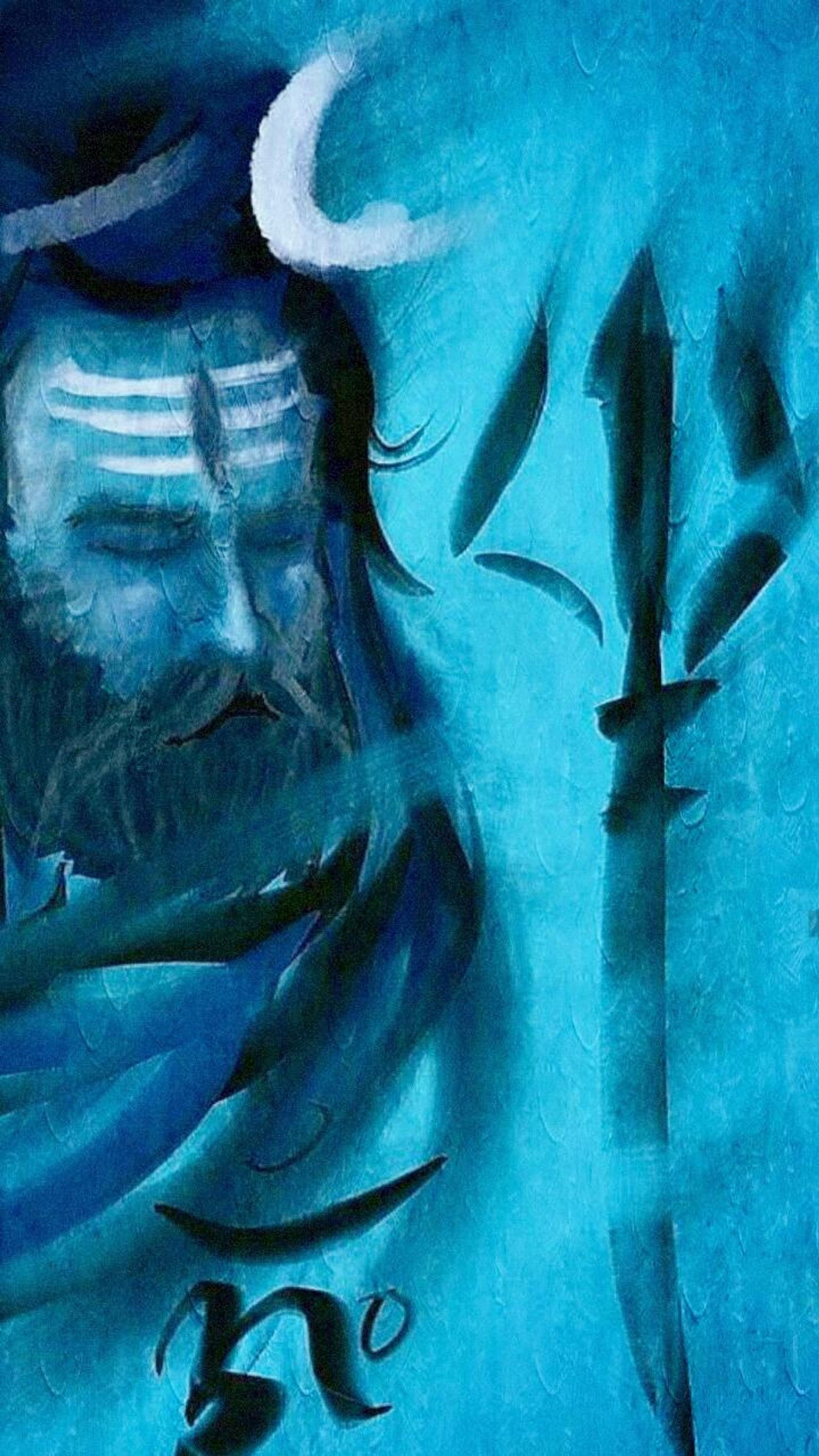 Pintura de um homem com uma barba e um chapéu com uma espada (azul, hindu, senhor shiva, lord shiva, mahadev)