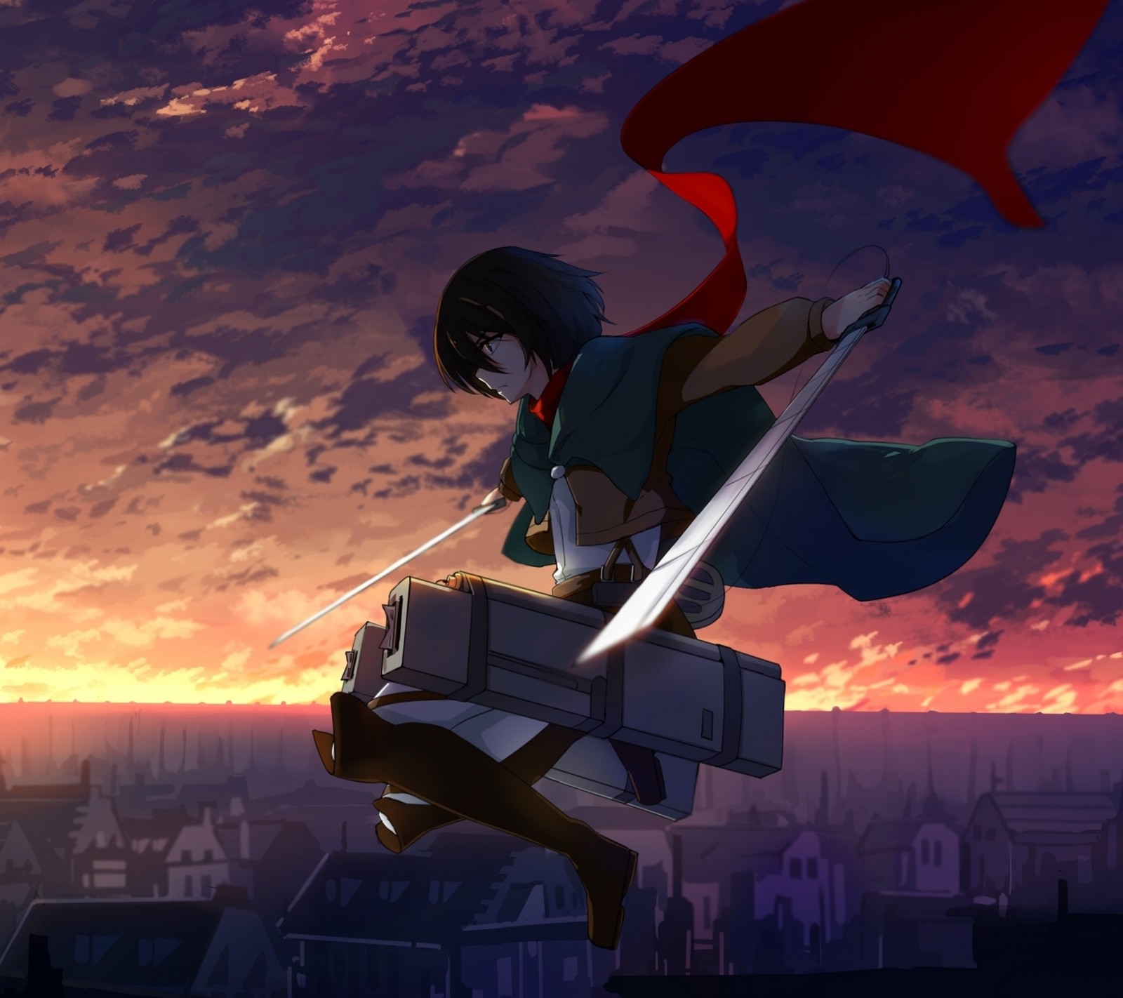 Anime girl flying over a city with a sword and a suitcase (ackerman, anime, attack on titan, mikasa, shingeki no kyojin)