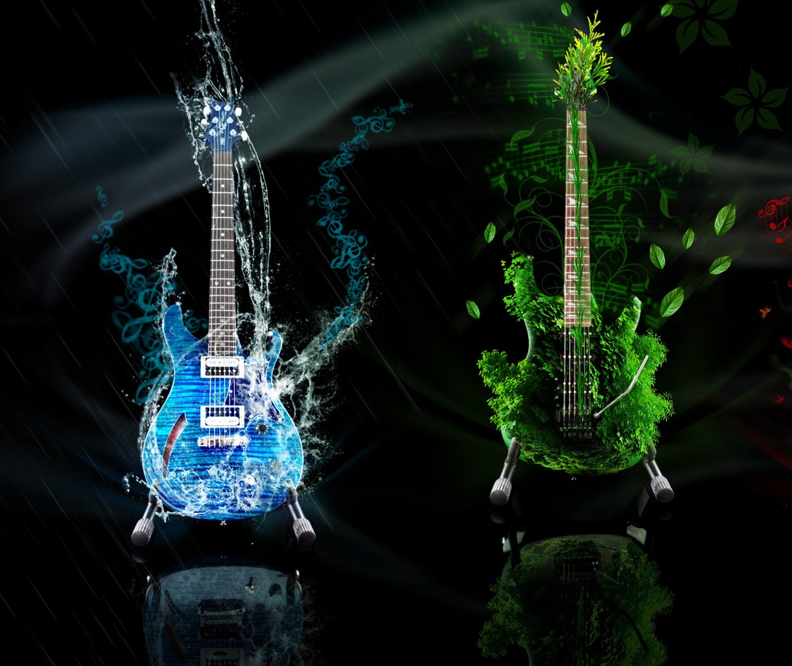 Guitars with leaves and water splashes on them against a black background (guiter, hd)