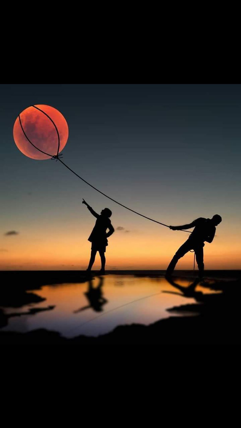 Dos personas vuelan una cometa en el cielo al atardecer (de, flor)