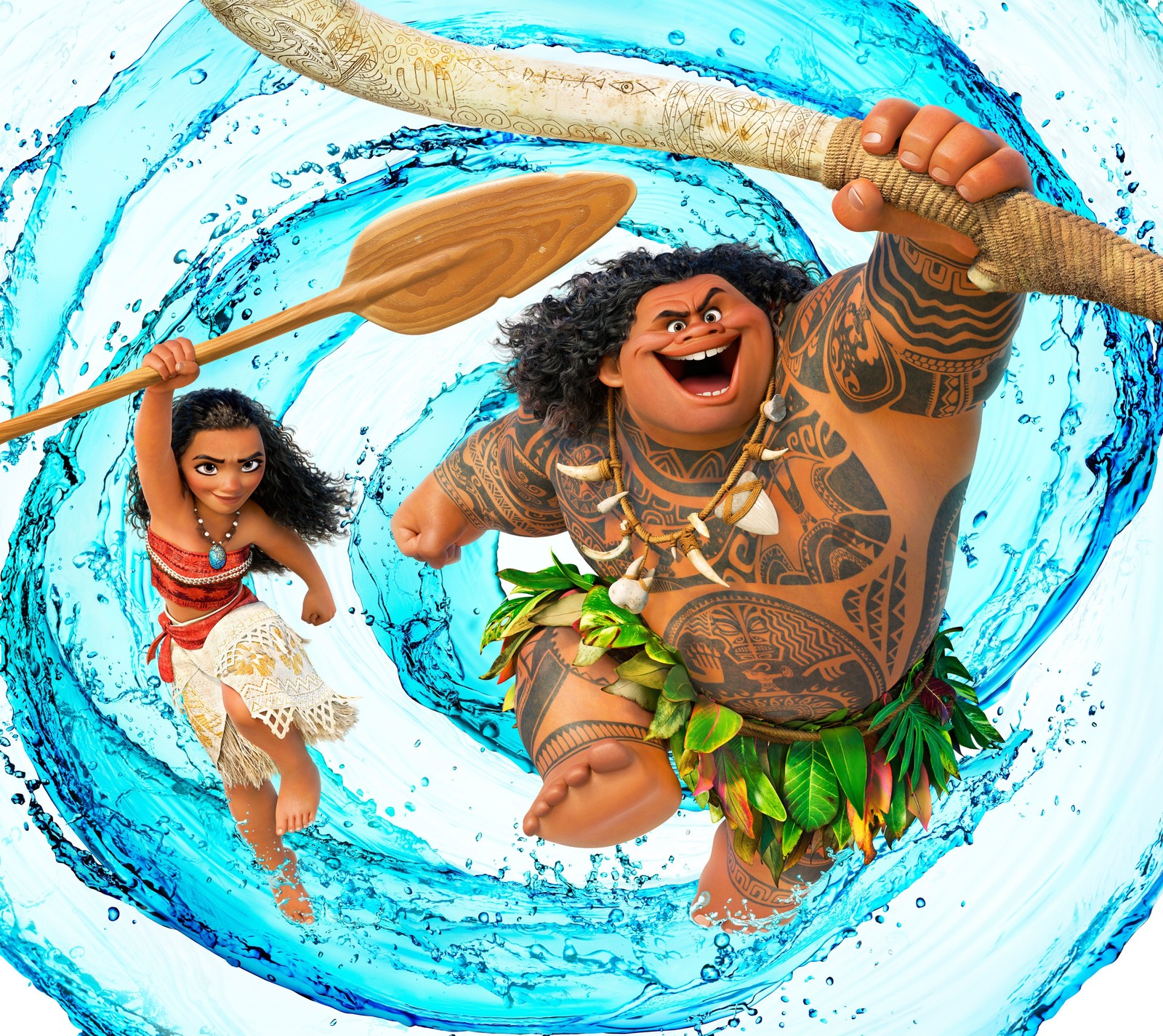 Moan et moan sont dans une grande vague avec une pagaie (animation, disney, feuilles, maui, vaiana)