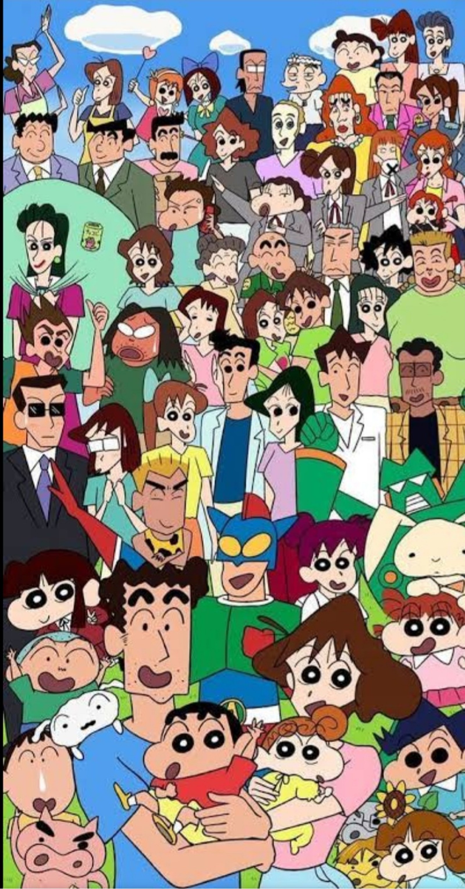 Un gran grupo de personajes de dibujos animados están reunidos (locura, divertido)