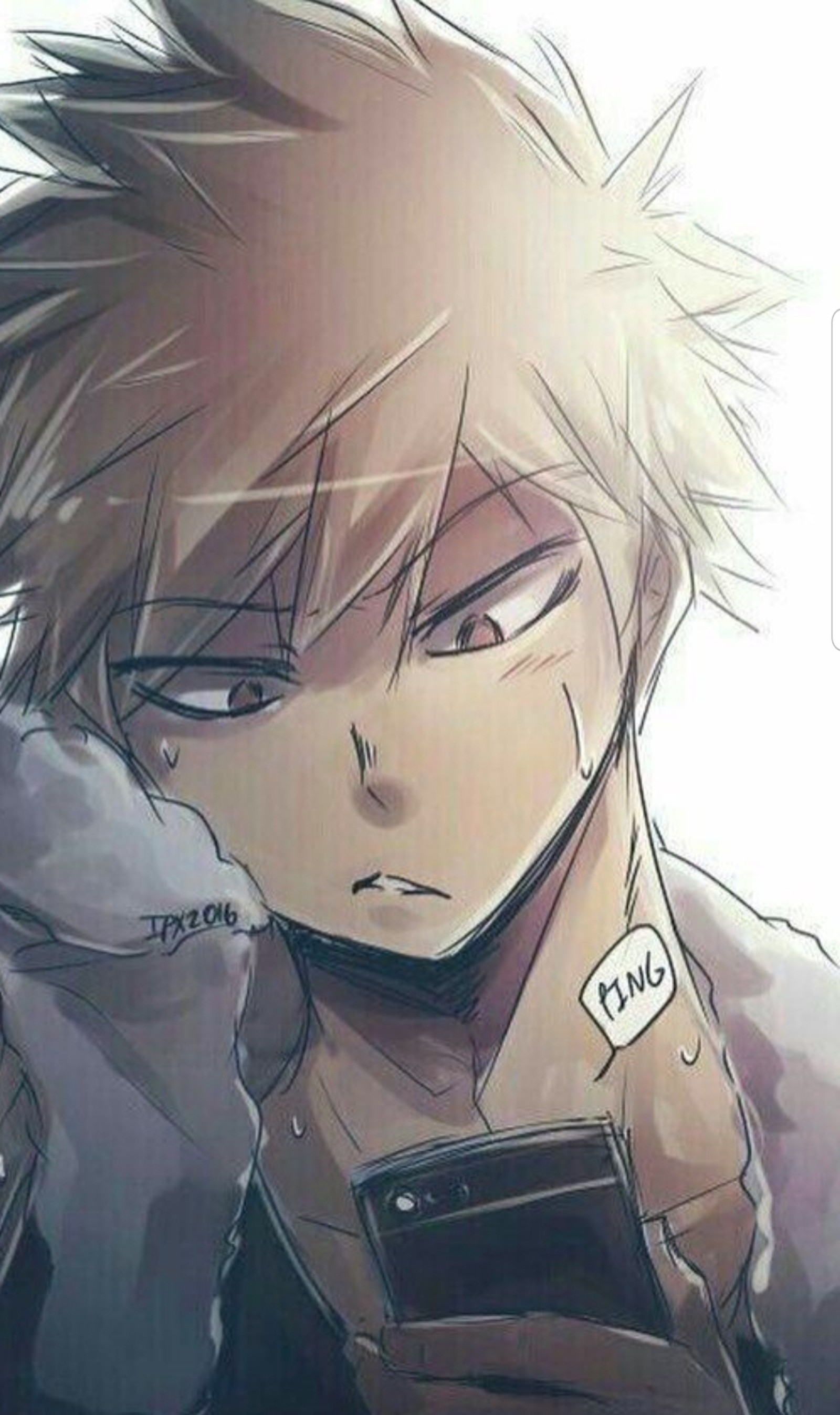 Anime-junge mit einem traurigen gesichtsausdruck (bakugou, bnha, niedlich, weich)