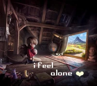 A solitary child sits in a dimly lit attic, gazing at a vibrant landscape painting, embodying feelings of loneliness and introspection.