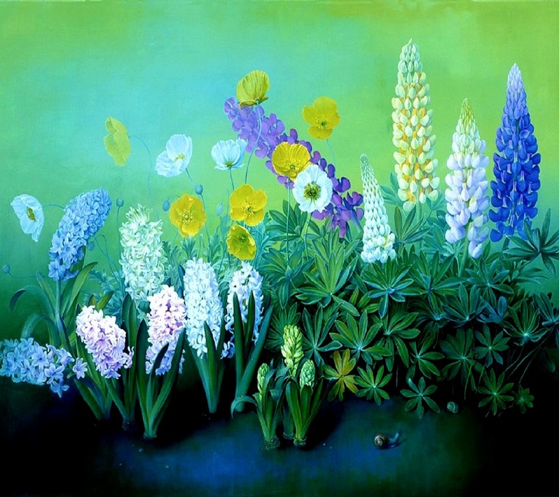 Painting of a group of flowers in a field with a green background (flowers)