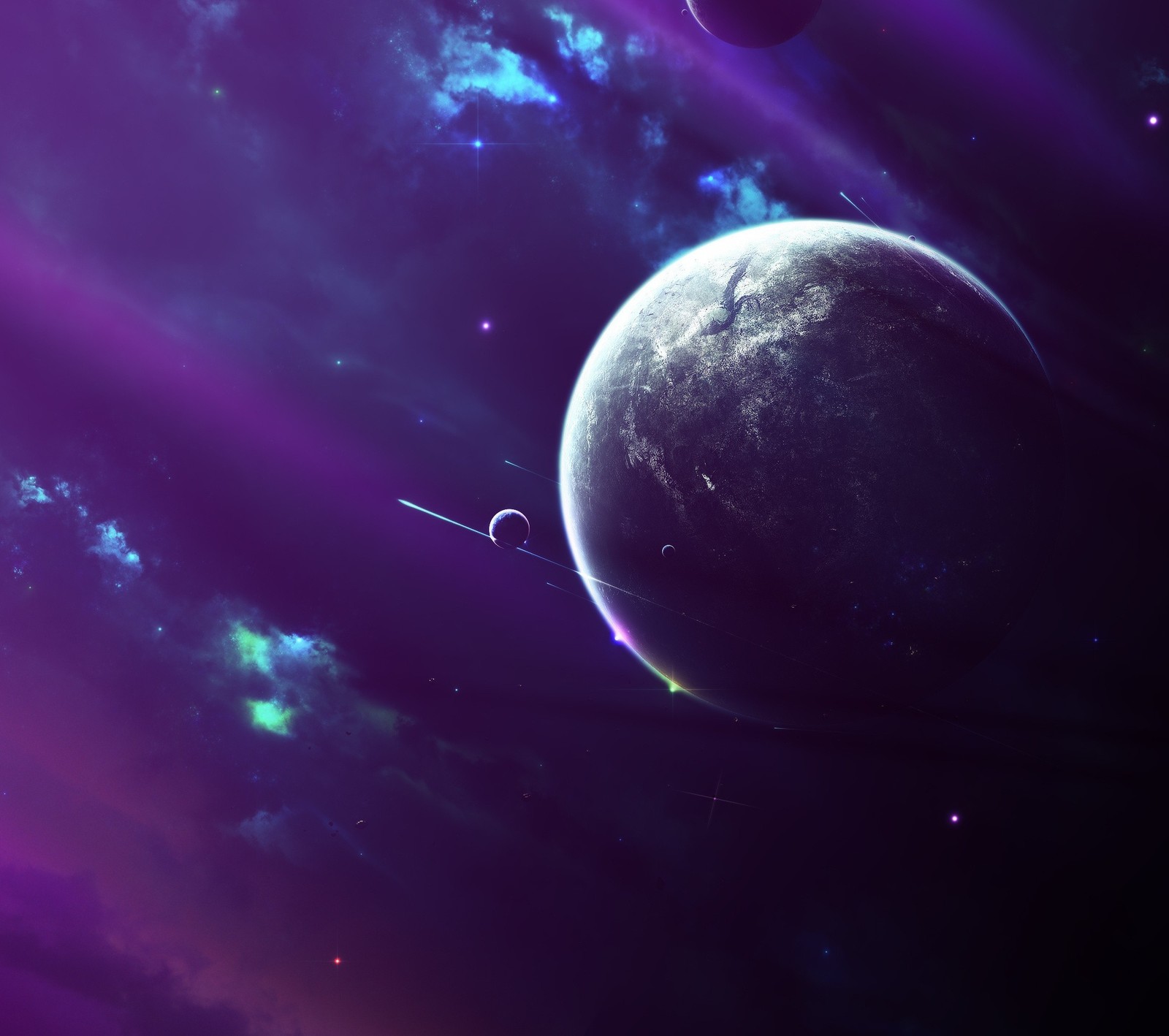 Purple and blue space with planets and stars (earth, space)