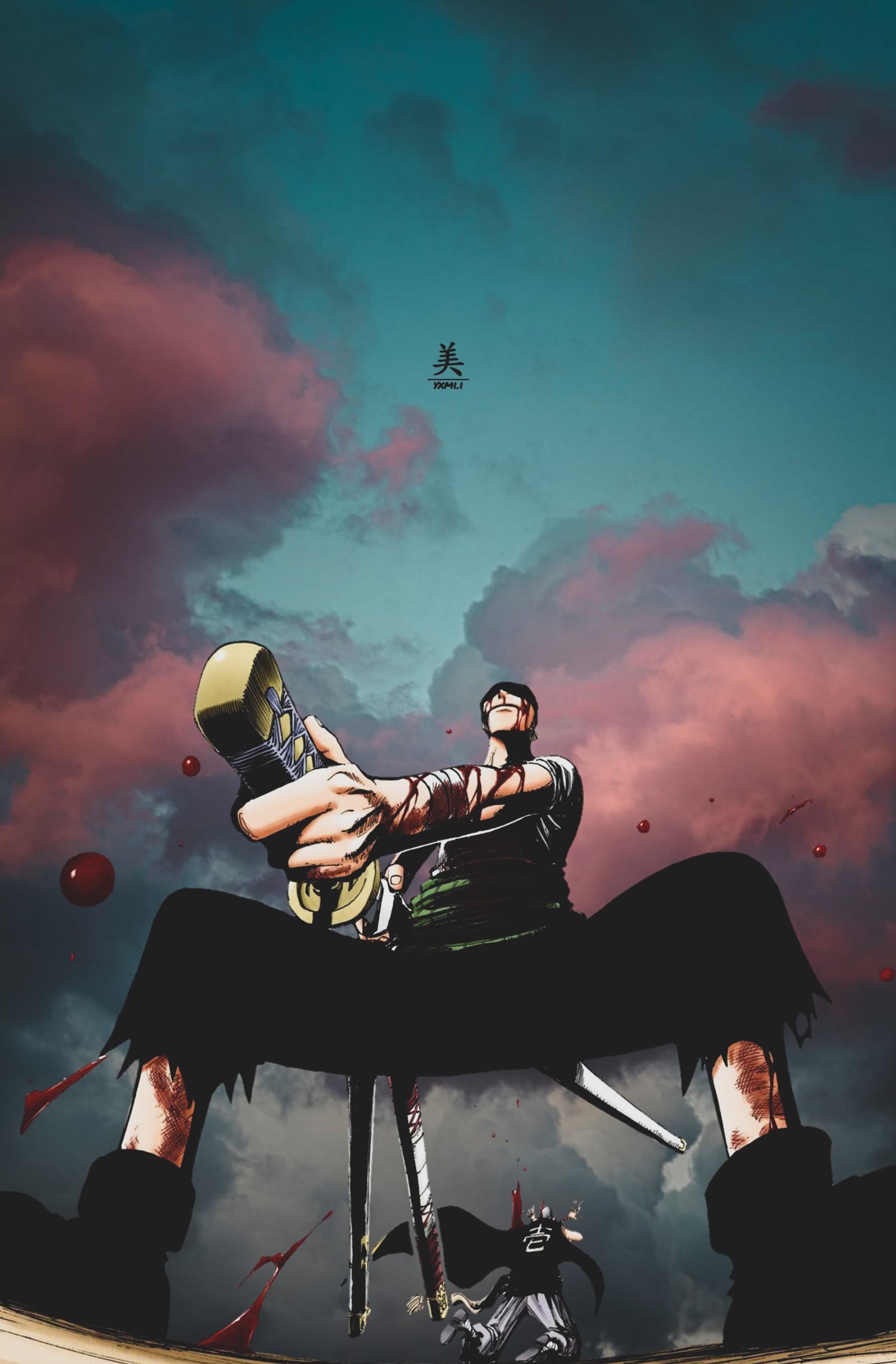 Anime poster of a man sitting on a bench with a motorcycle (anime, onepiece)