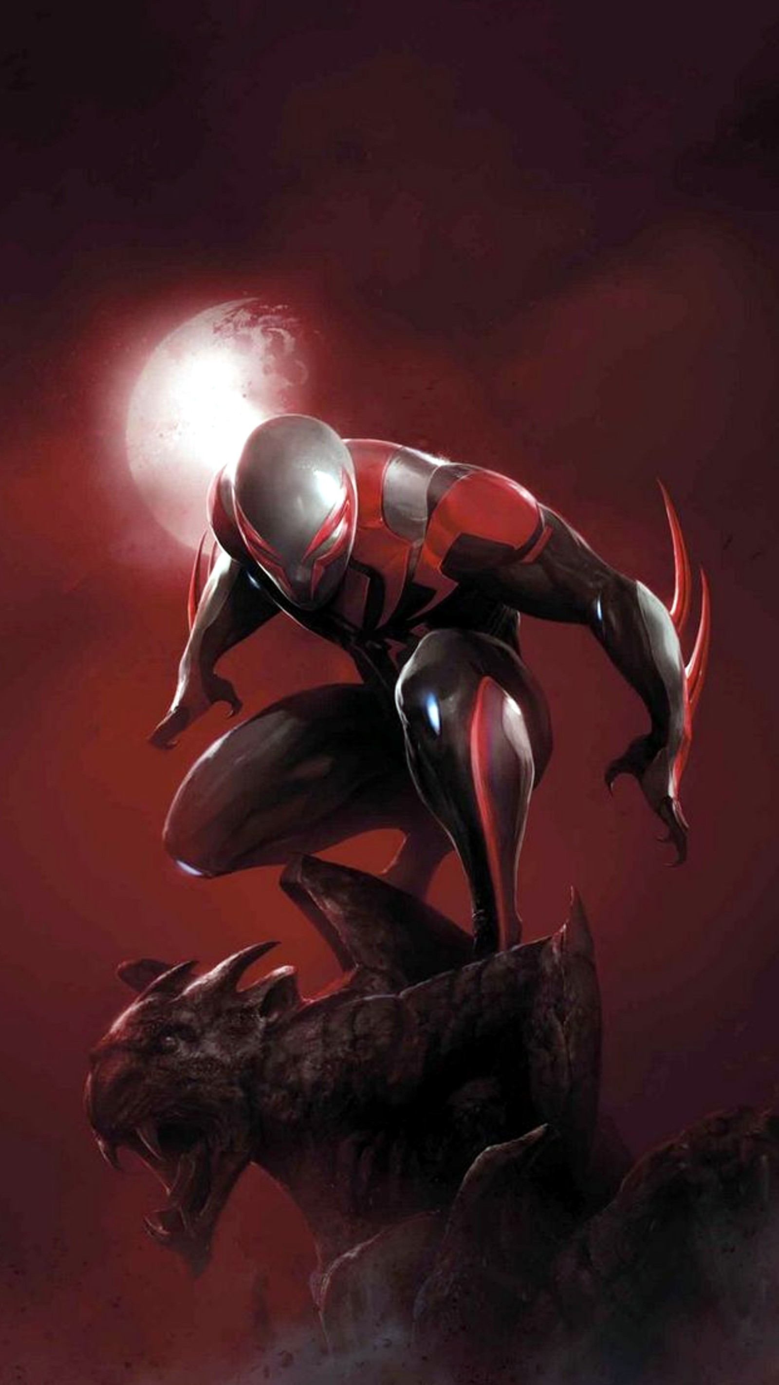 Gros plan d'une personne sur une roche avec un fond rouge (2099, marvel, spiderman)