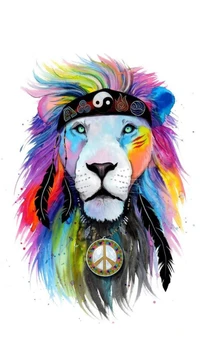 hippe love, hippie, lion artwork, paz y amor, pixiecoldart