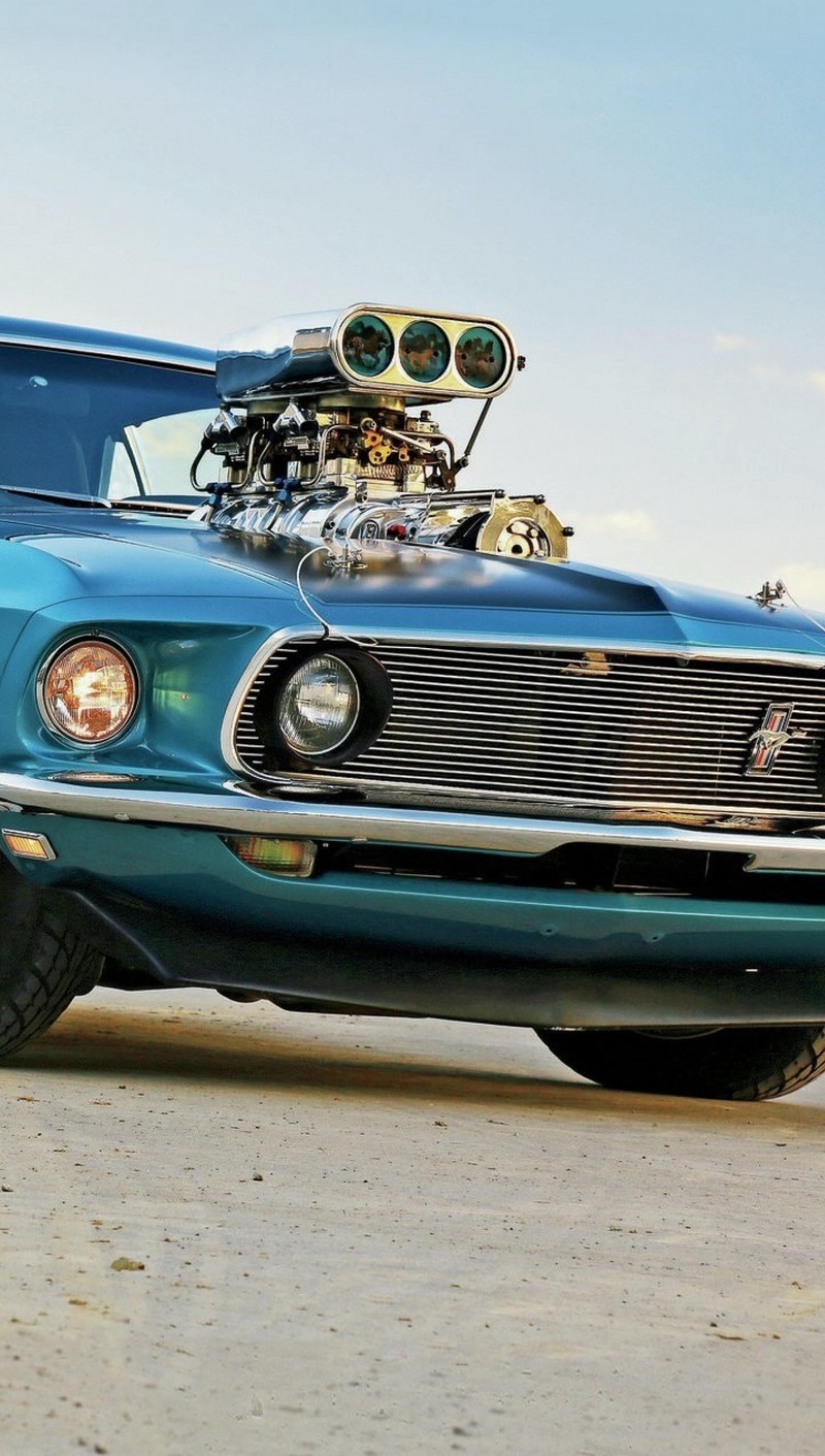 Синий автомобиль с большим двигателем спереди (1969, ford, мустанг, mustang, pro street)