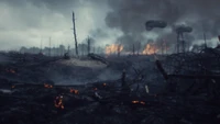 Desolate Battlefield: War's Aftermath in a Smoky Landscape