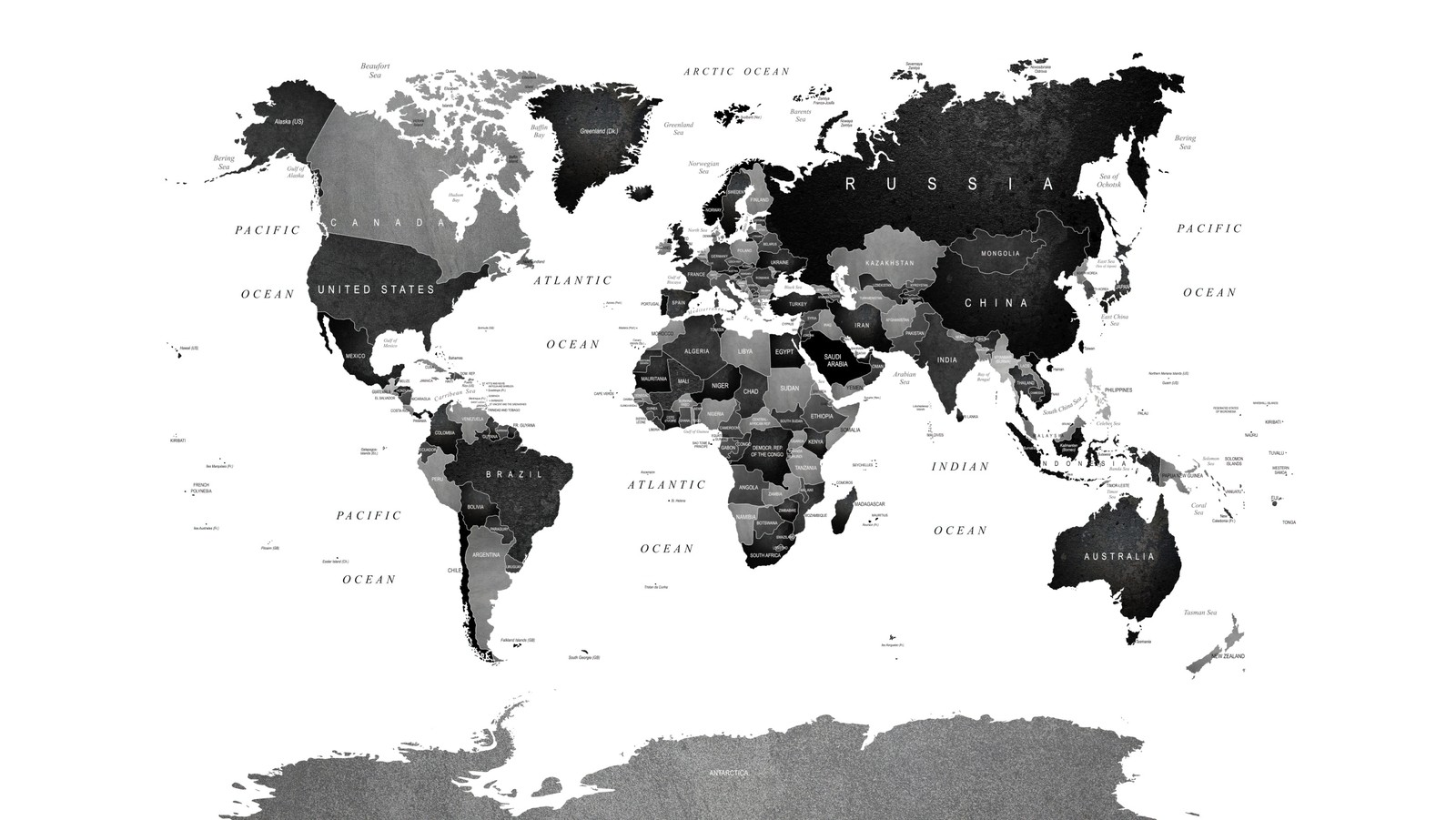 Un mapa mundial con países y sus nombres (monocromo, mapa mundial, blanco y negro, 5k, mundo)