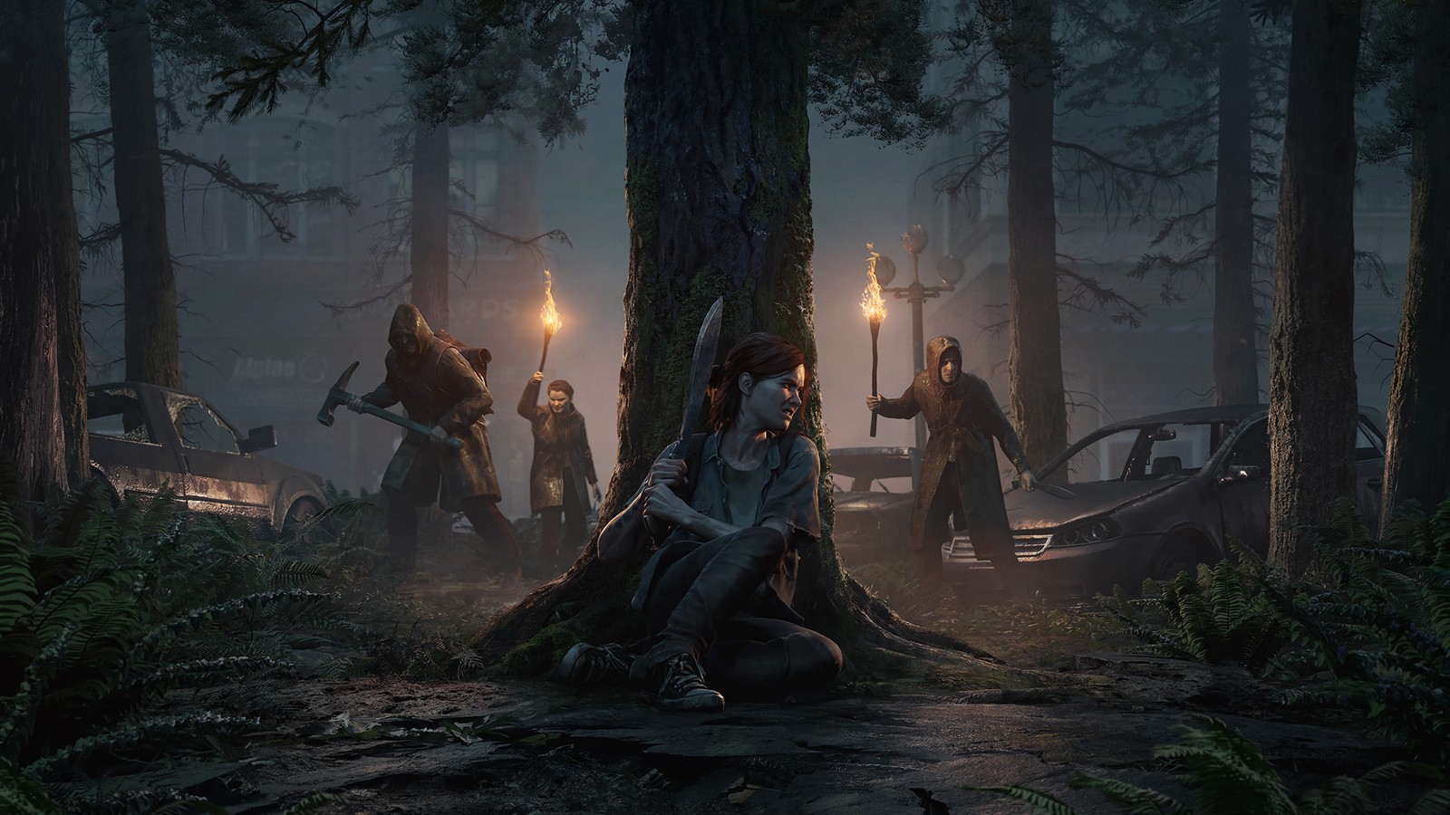 A group of people standing around a tree in the woods (the last of us part ii, ellie williams, playstation 4, 2020 games, games)