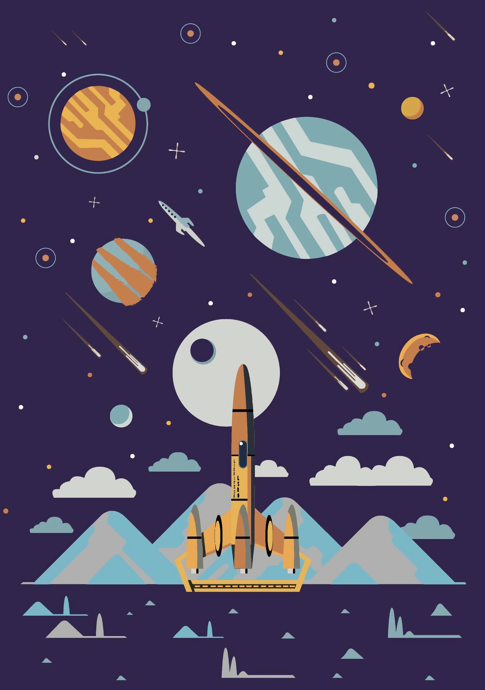 Bild eines space shuttles, das durch den himmel mit planeten im hintergrund fliegt (plakat, grafikdesign, kunst, illustration, rakete)