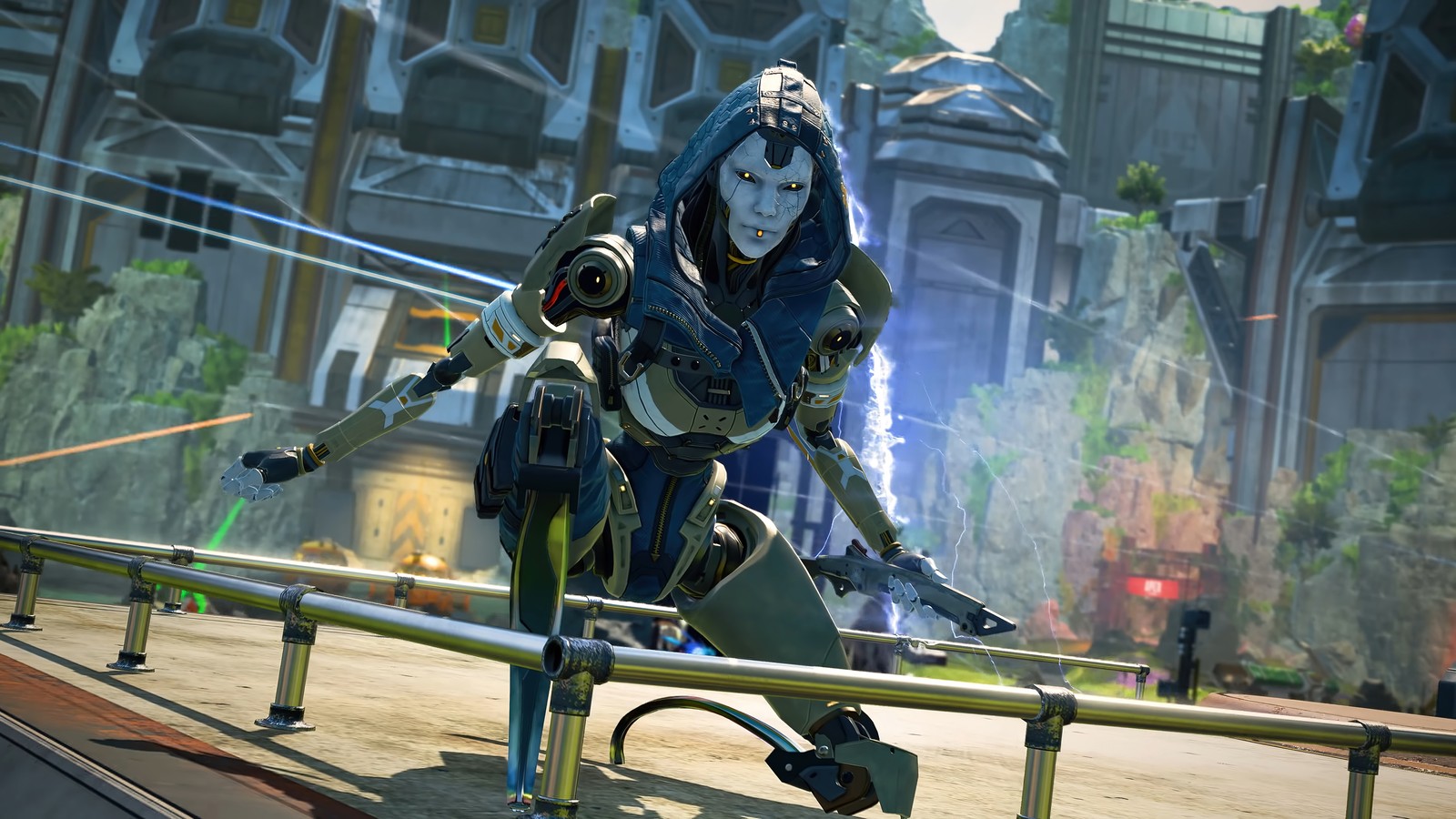 A close up of a person on a skateboard on a rail (ash, apex legends, video game)