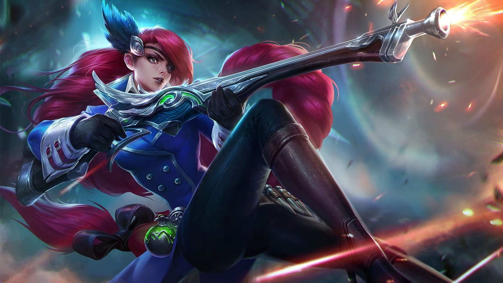 Une femme avec des cheveux rouges et une épée dans la main (lesley, mobile legends, jeu vidéo)