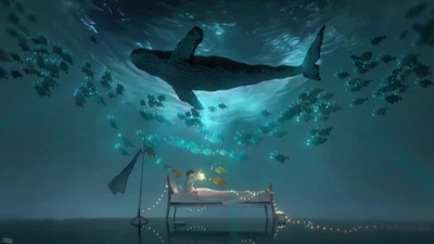 Rêver sous l'eau : un garçon anime entouré d'une baleine et de poissons lumineux