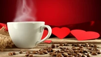 Steaming Coffee Cup Surrounded by Coffee Beans and Heart Cutouts