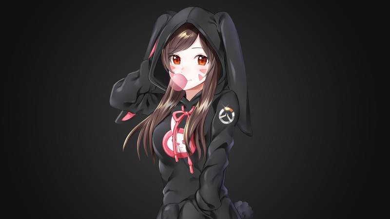 Женщина в черном худи с розовым худи (dva, кавайный, kawaii, overwatch, тёмный фон)