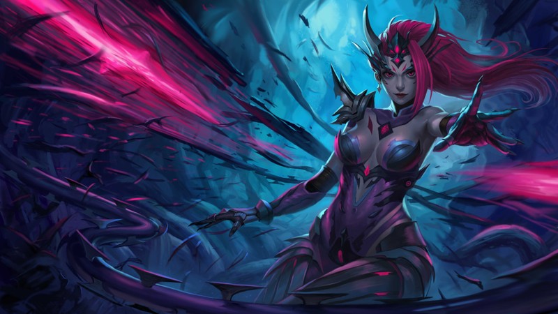 Женщина в фиолетовом наряде с мечом и розовыми волосами (зира, zyra, lol, league of legends, видеоигра)