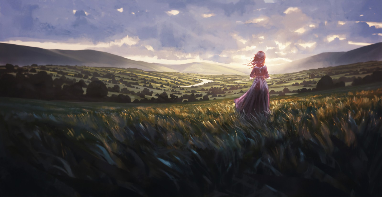 Painting of a woman in a long dress standing in a field (art, nature, natural landscape, painting, grassland)