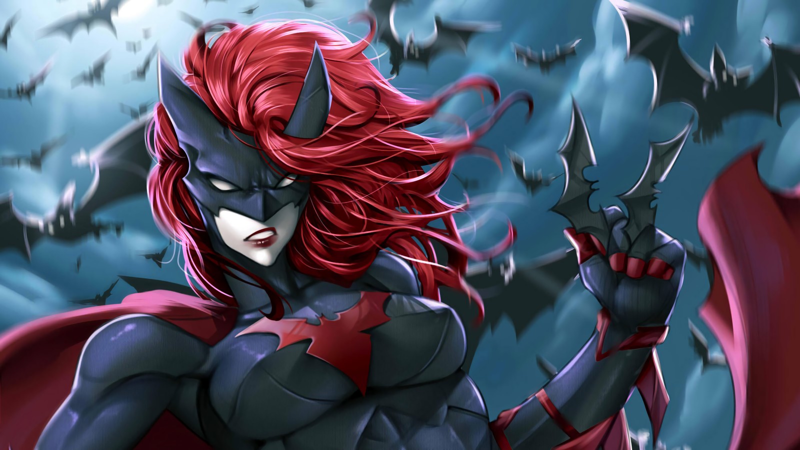 Un primer plano de una mujer con cabello rojo y un disfraz de murciélago (batwoman, cómics, dc comics)