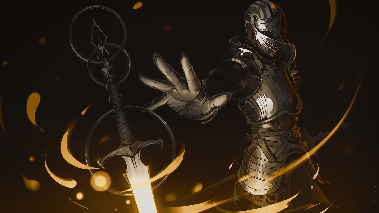 A close up of a person holding a sword in a dark room (demons souls, video game, art)