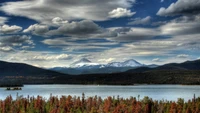 Majestic Highland Landscape with Snow-Capped Mountains and Serene Lake Under Dramatic Cloudy Sky