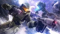 Master Chief engaged in battle against an alien foe in a futuristic landscape, showcasing advanced technology and military prowess in a sci-fi setting.