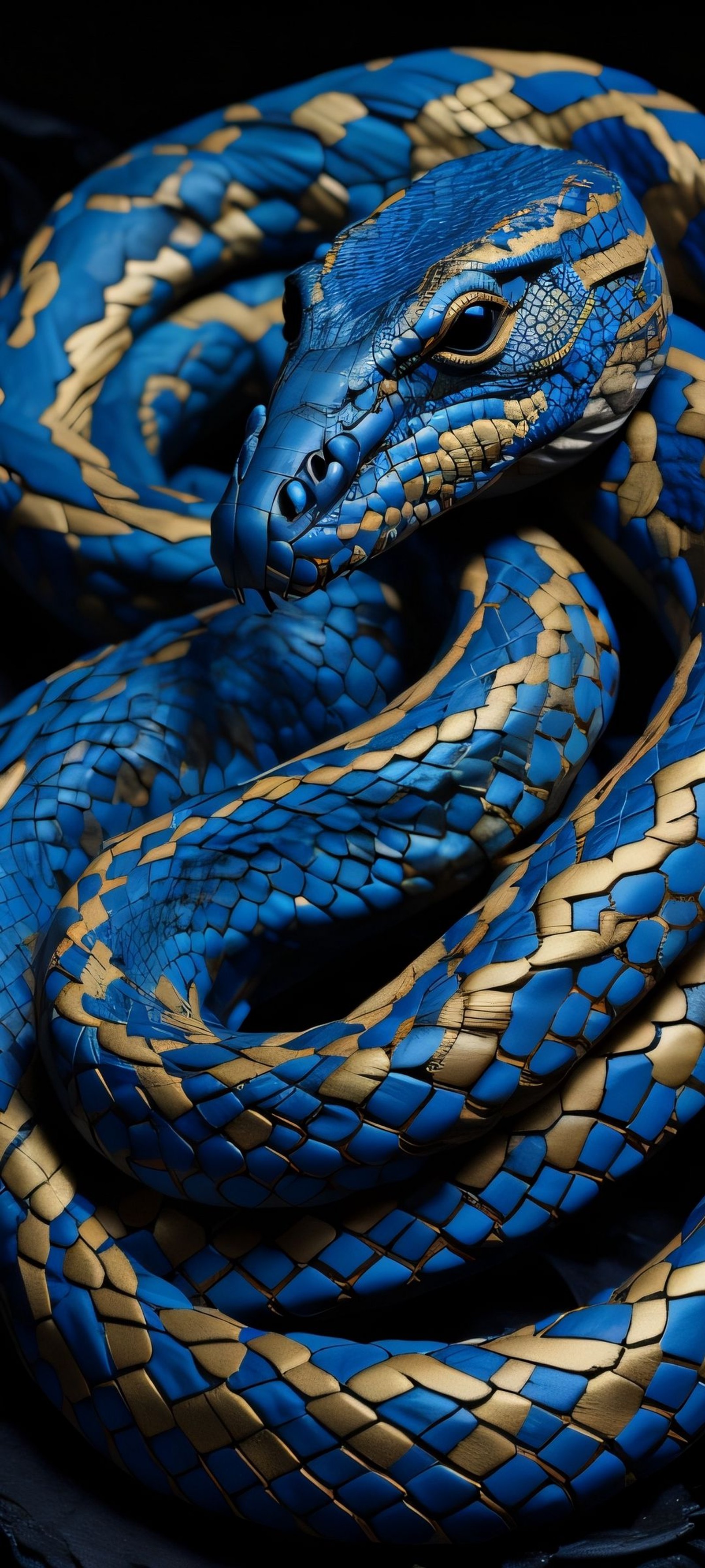 Um close-up de uma cobra azul e dourada em uma superfície preta (serpente, biologia, azul, luz, réptil)