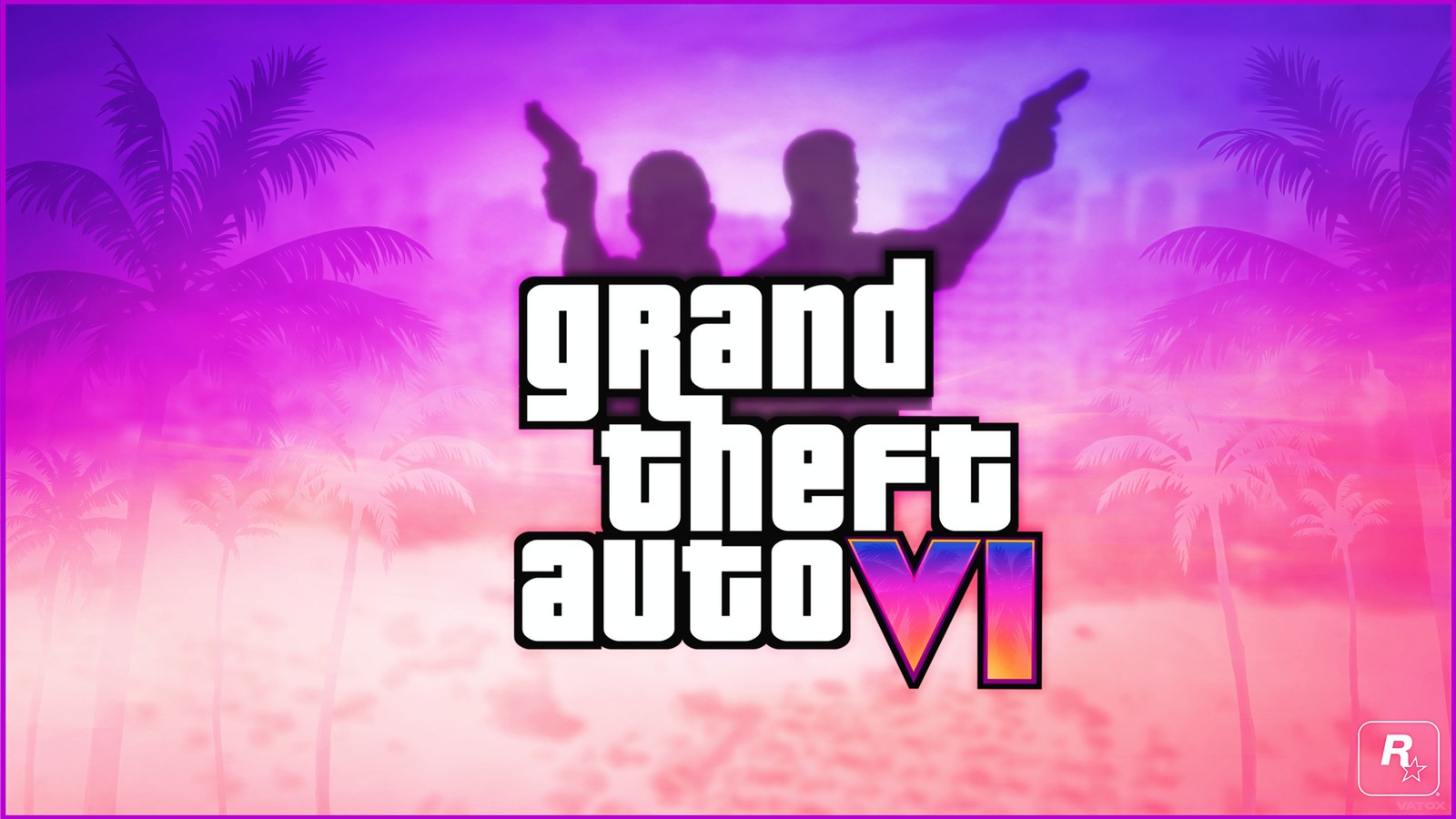 Grand theft v logo with a silhouette of two people on a beach (grand theft auto vi, fan art, gta 6, games, 4k wallpaper)