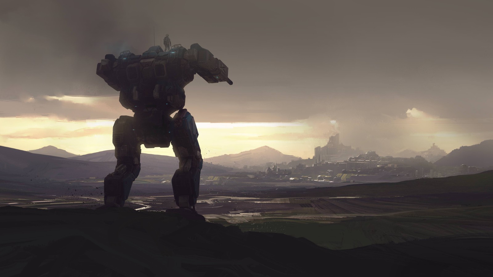 A man standing on top of a hill with a giant robot on his back (atmosphere, cloud, mecha, digital compositing, horizon)