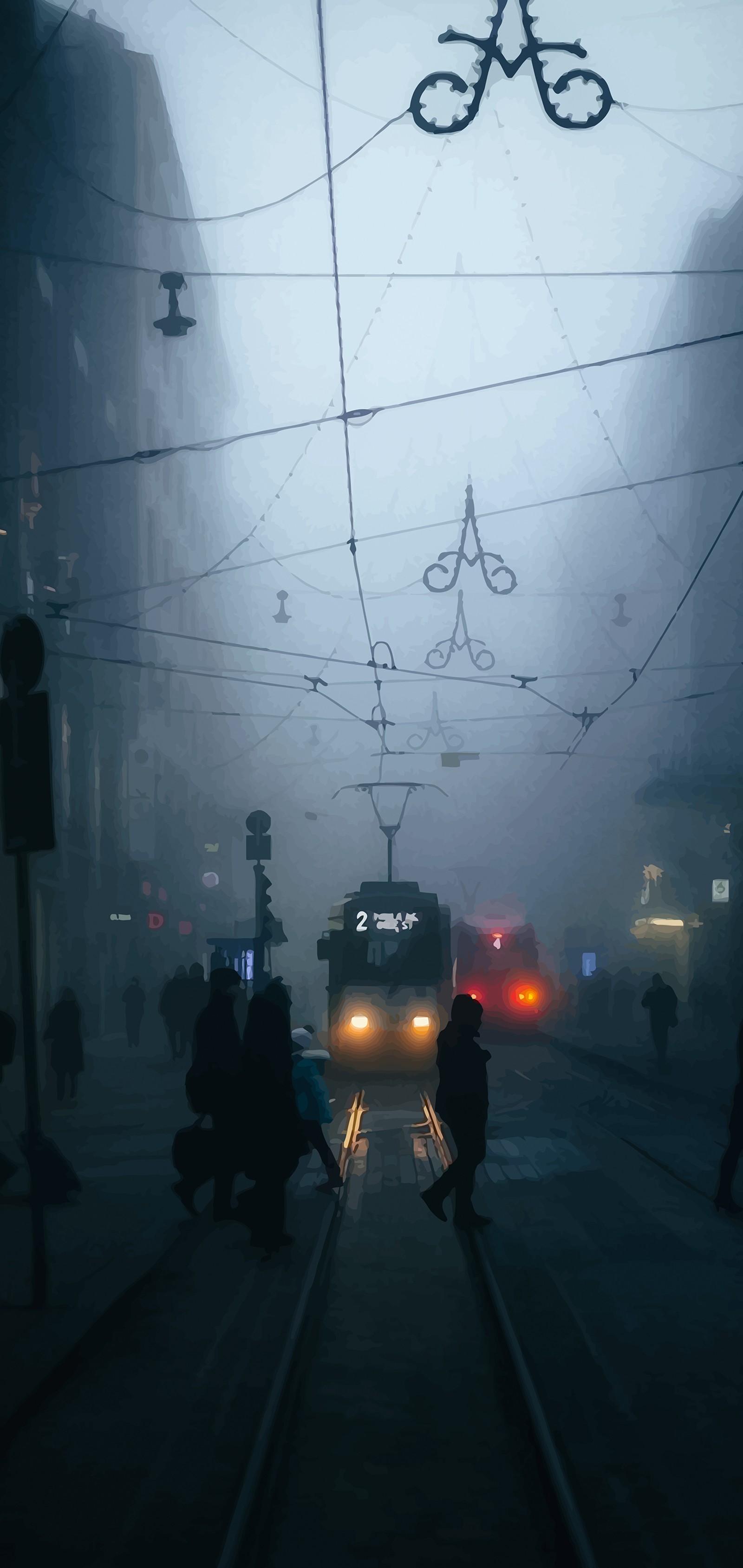 People crossing a street in the fog with a train coming (atmosphere, automotive lighting, cloud, road surface, infrastructure)