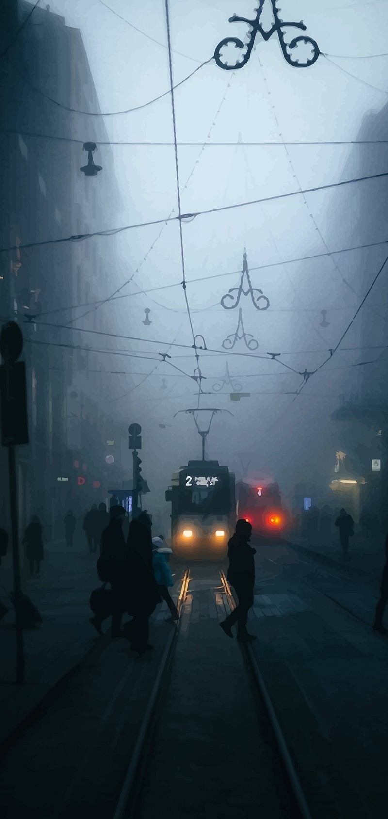 Люди пересекают улицу в тумане с поездом, который приближается (атмосфера, автомобильное освещение, облако, дорожное покрытие, инфраструктура)