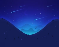 landscape, night, moon, falling stars, mountains