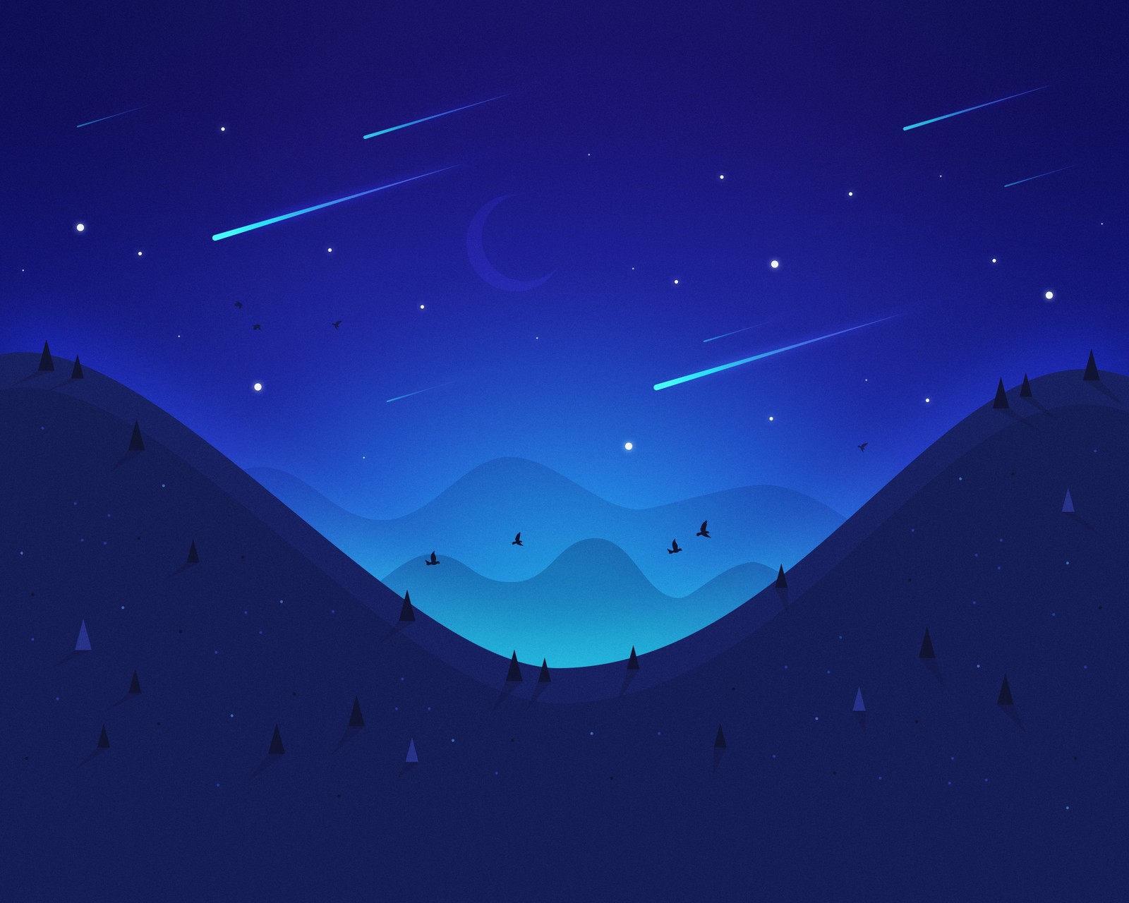 landscape, night, moon, falling stars, mountains wallpaper