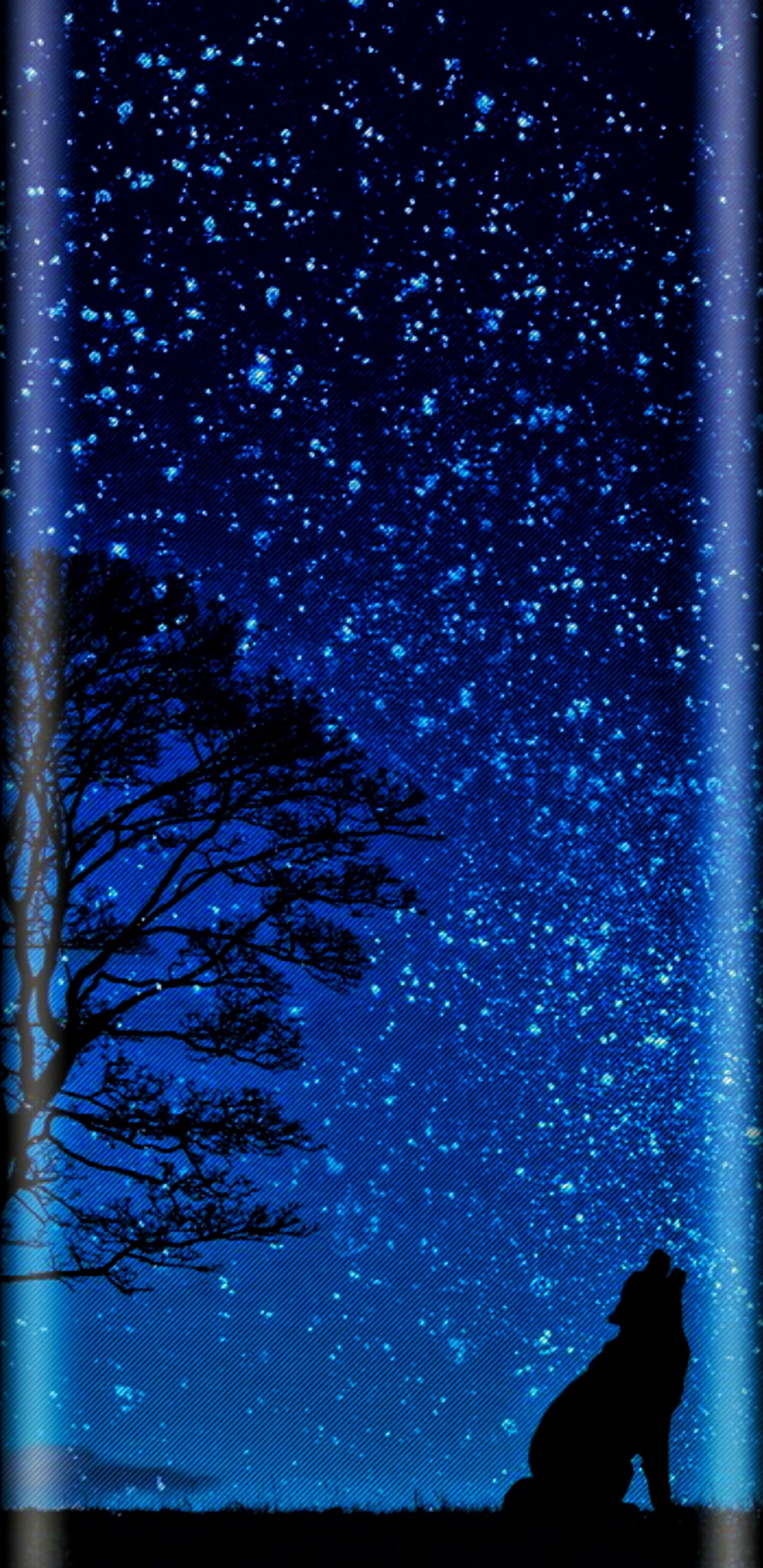 Starry night with a silhouette of a dog and a tree (midnight, sky, space, tree, blue)