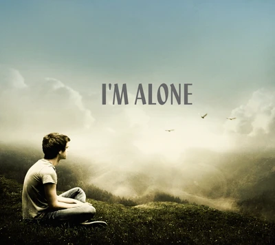 A solitary figure sits on a grassy hillside, gazing into a vast, misty landscape, with the phrase "I'M ALONE" prominently displayed.