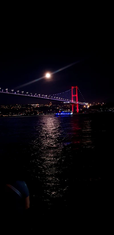 Pont du Bosphore illuminé la nuit avec une pleine lune