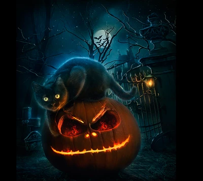 A black cat perched on a glowing jack-o'-lantern in a spooky, moonlit graveyard.